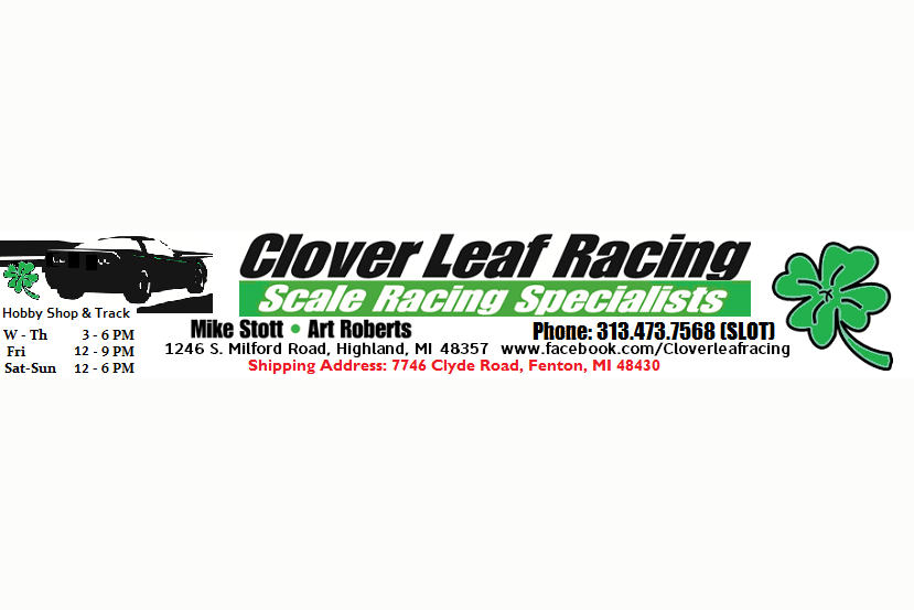 Clover Leaf Racing shop and track information banner.