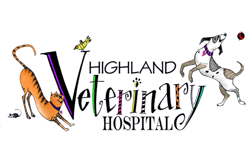 Highland Veterinary Hospital logo with playful animals.