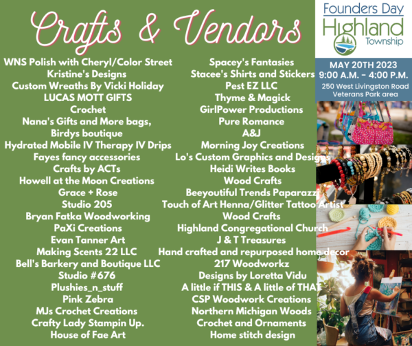 Handmade crafts and vendors event in Highland Township.