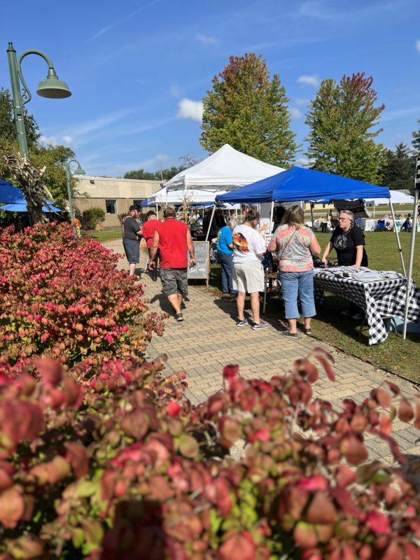 Outdoor market with people and vendor tents.