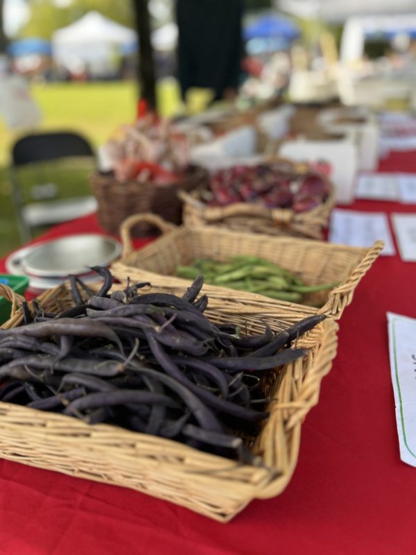 Baskets of vegetables displayed at an outdoor market.