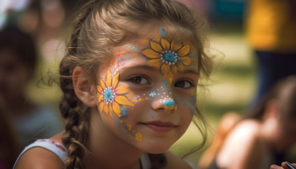 Girl with sunflower face paint, smiling outdoors.
