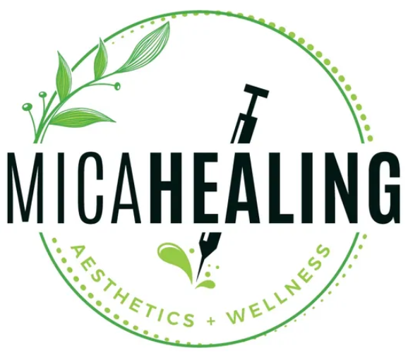 MicaHealing logo with syringe and leaves design.