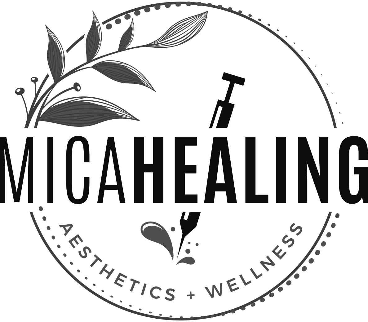 MicaHealing logo with syringe and leaves, aesthetics wellness