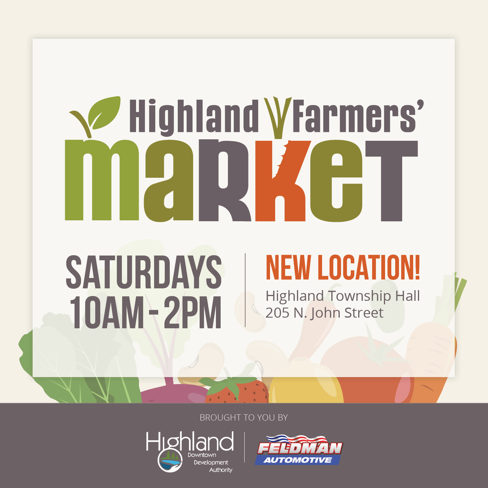 Highland Farmers Market, Saturdays, New Location, 10AM-2PM.